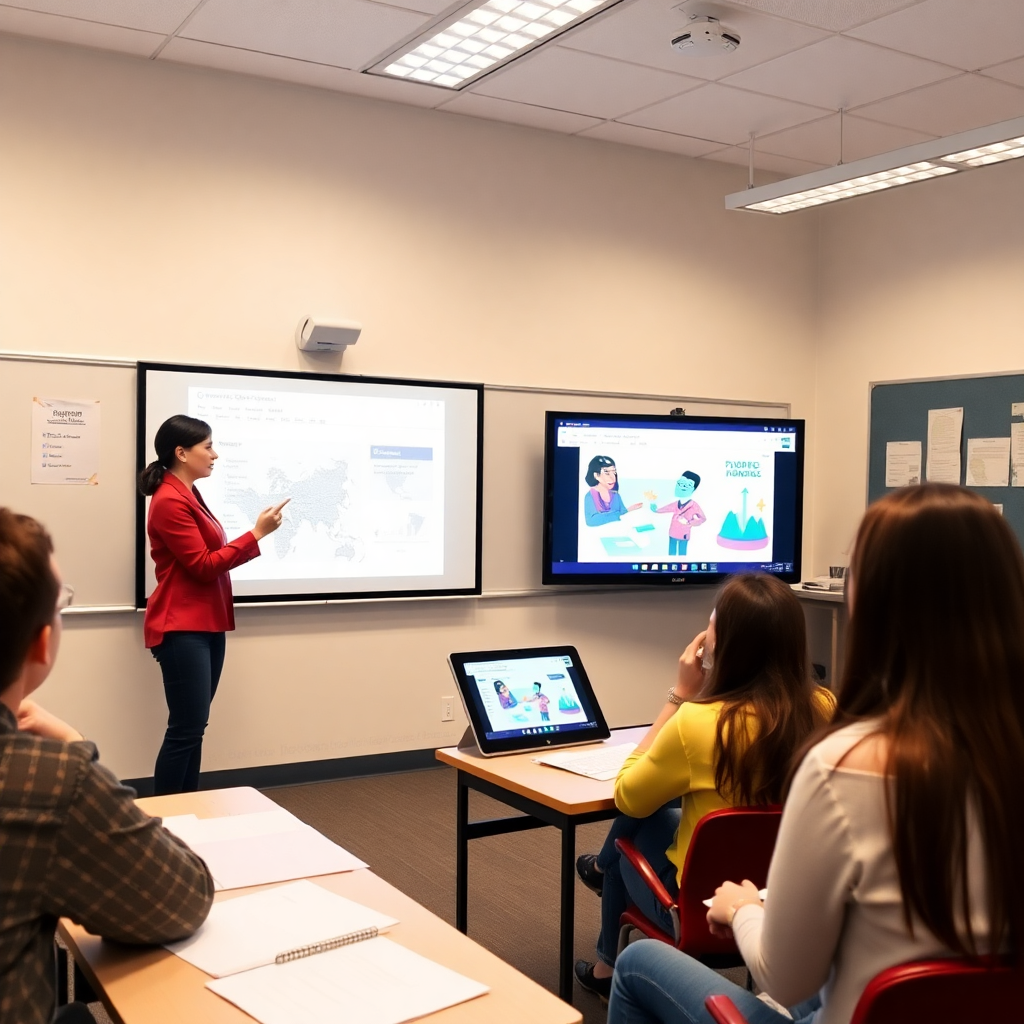 classroom with teacher using tablet connected to smart board for interactive lesson
