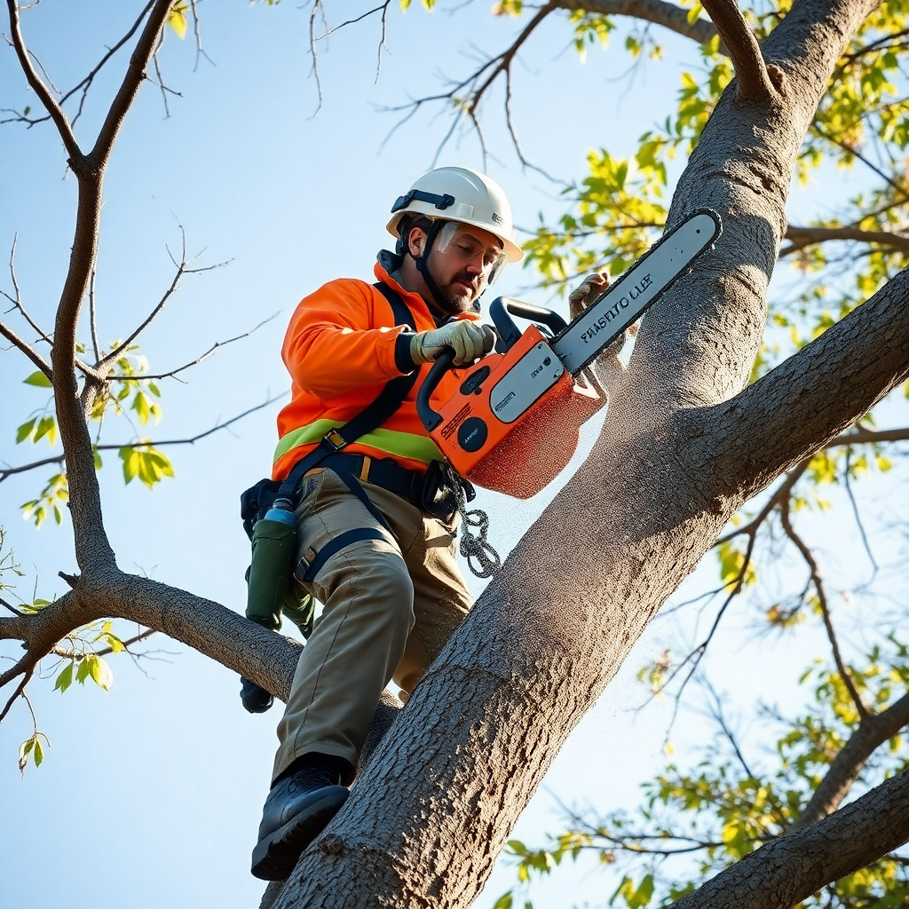 professional tree care worker in safety gear working with a chainsaw on a tree branch, bright daylight, action shot