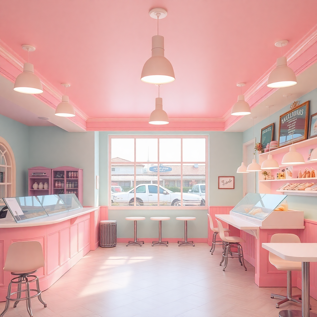 aesthetic photo of ice cream shop interior, pastel colors, bright lighting