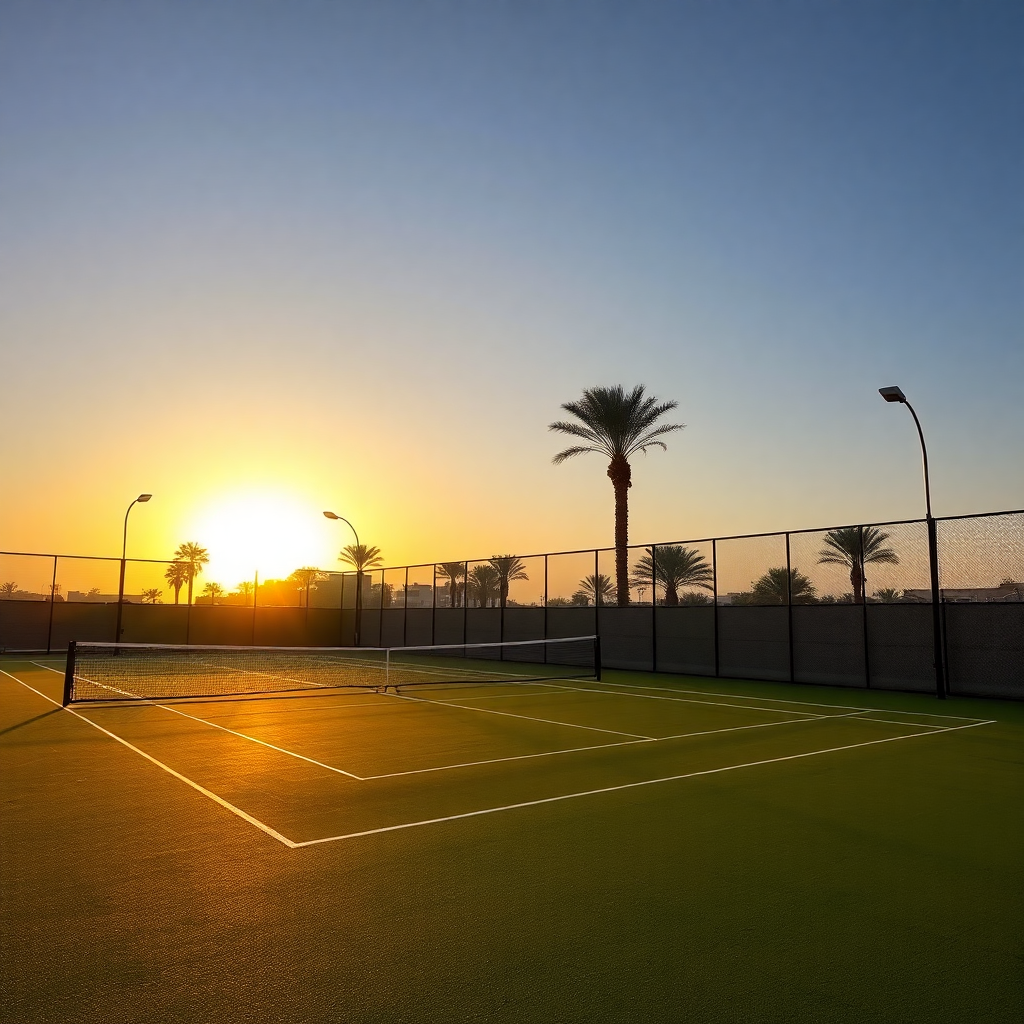 outdoor padel tennis court at sunset, professional glass walls, palm trees, basra iraq