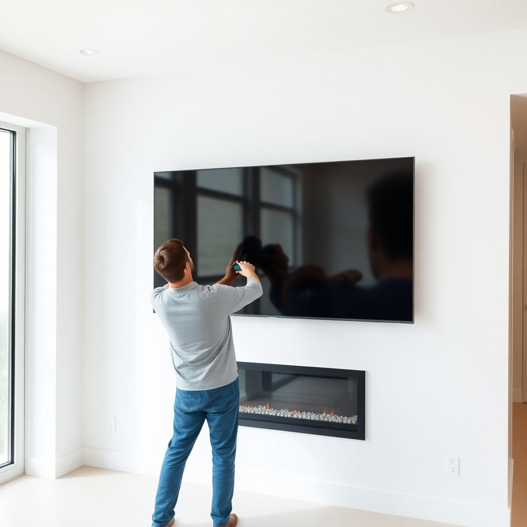 professional installer mounting a TV on wall in modern South Florida home, bright clean interior