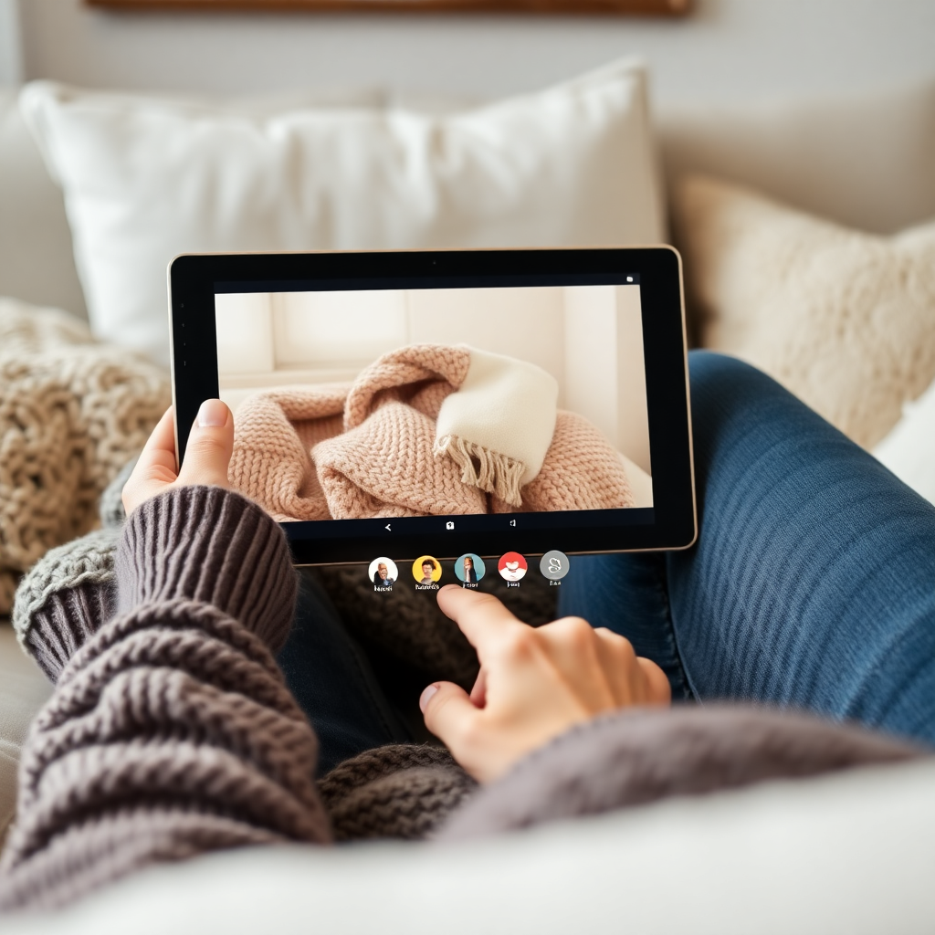 person shopping online on tablet choosing blanket product, cozy home setting, happy expression