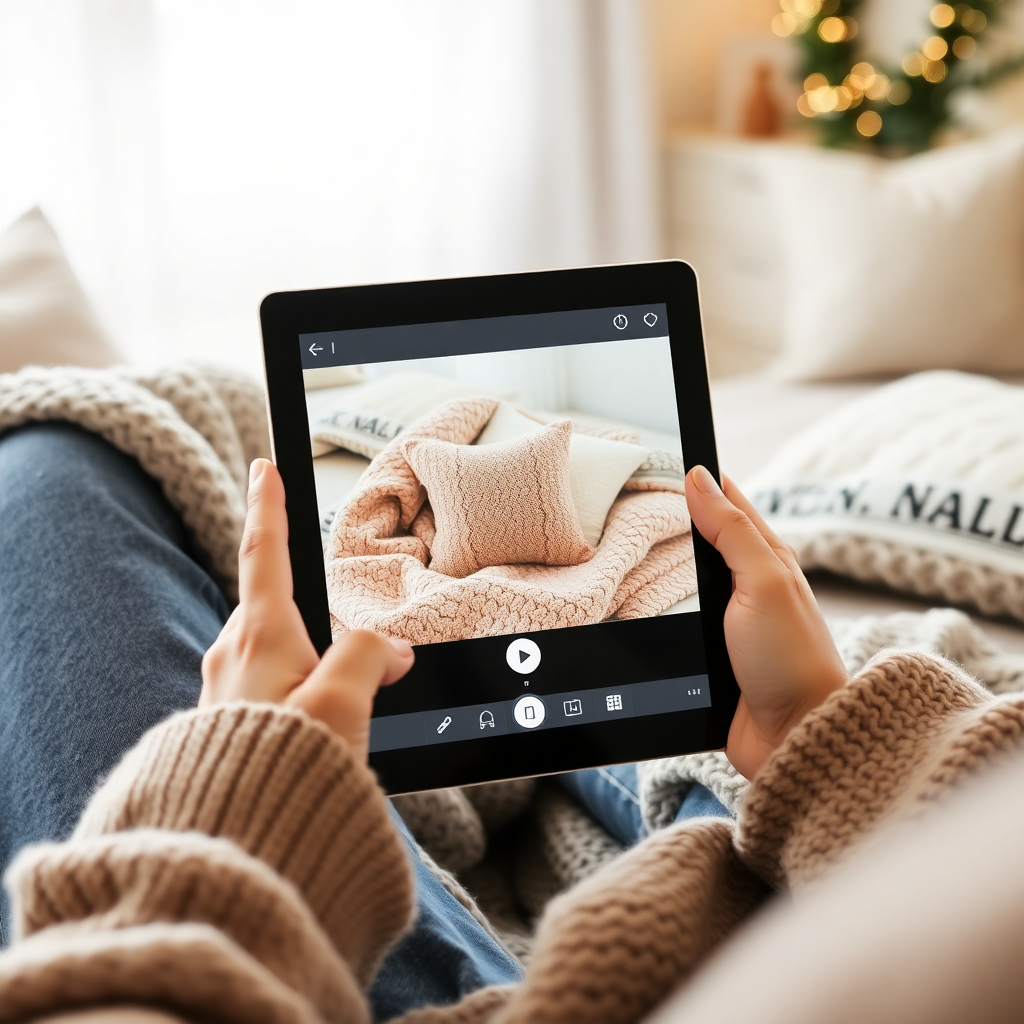 person shopping online on tablet choosing blanket product, cozy home setting, happy expression