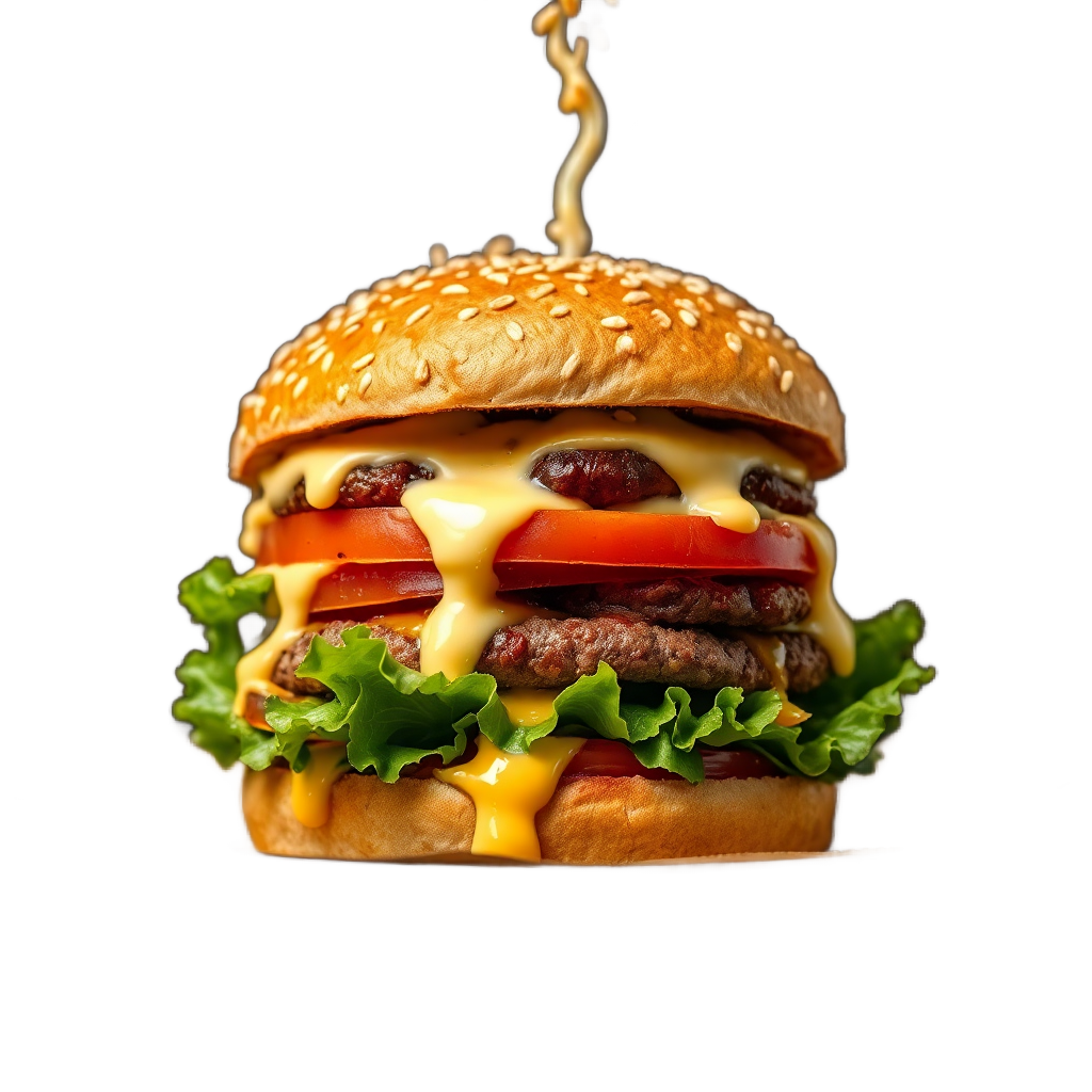 delicious gourmet double cheeseburger with sesame bun lettuce tomato melting cheese floating with ingredients explosion artistic food photography