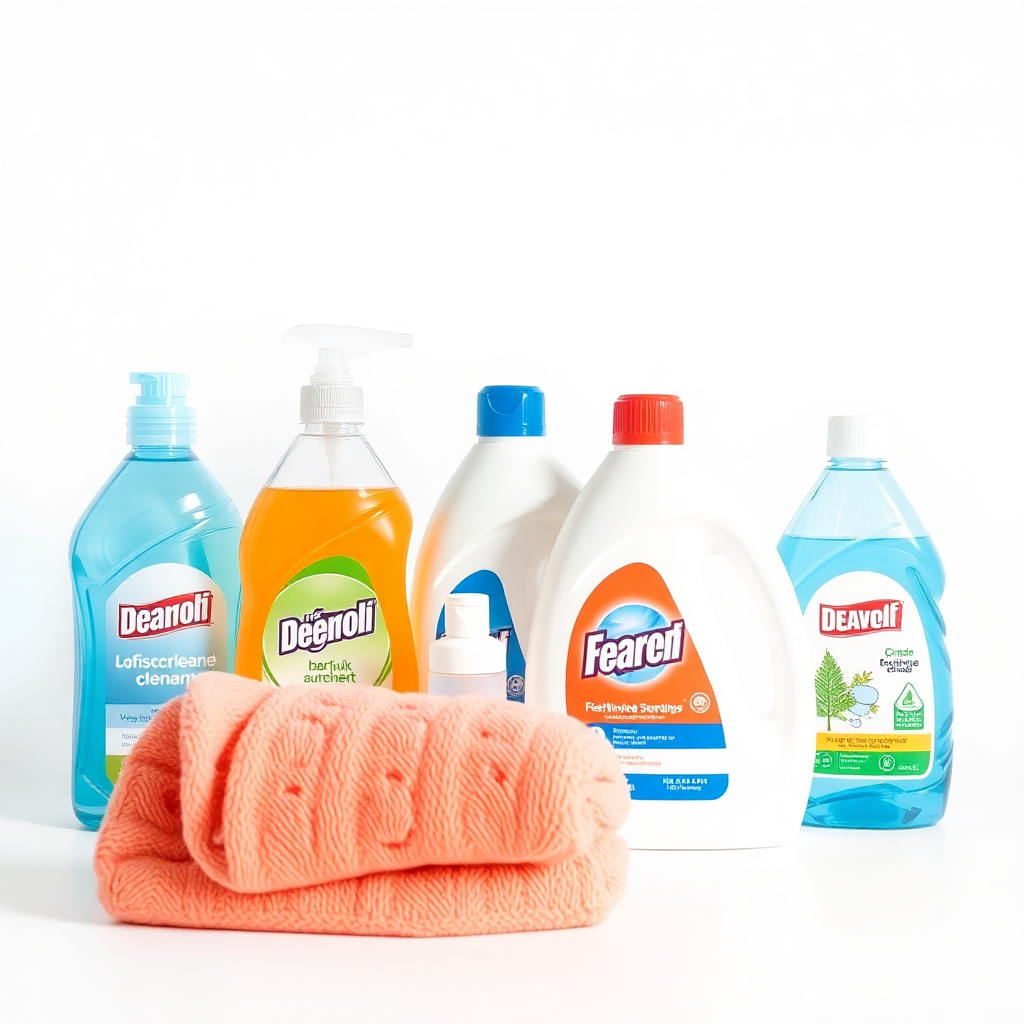 cleaning supplies detergent bottles hygiene products on white