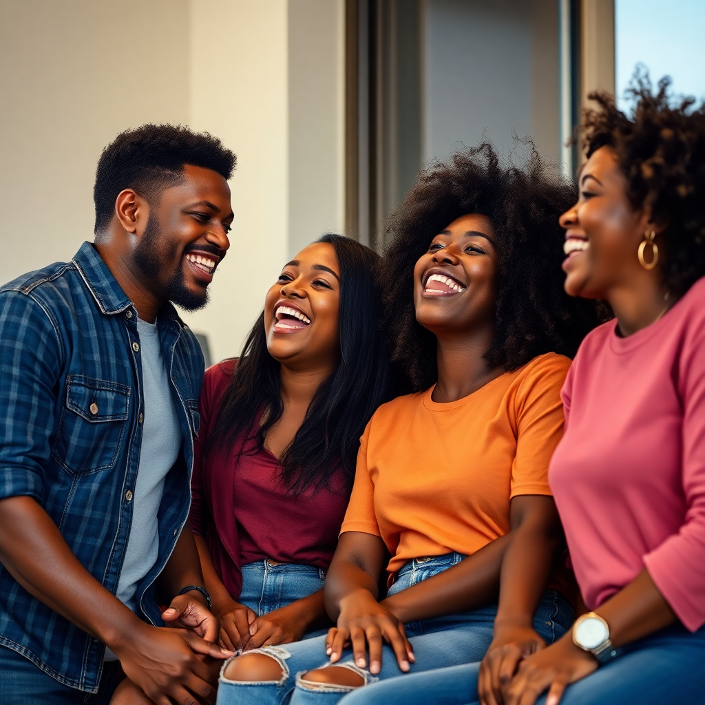 group of Black friends laughing together in casual setting, authentic candid moment, natural photography
