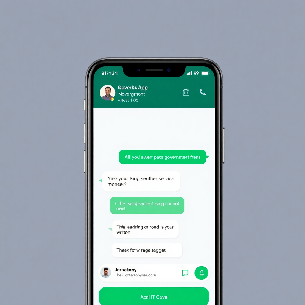WhatsApp chatbot interface showing government service conversation, mobile phone screen, professional UI design, citizen service automation