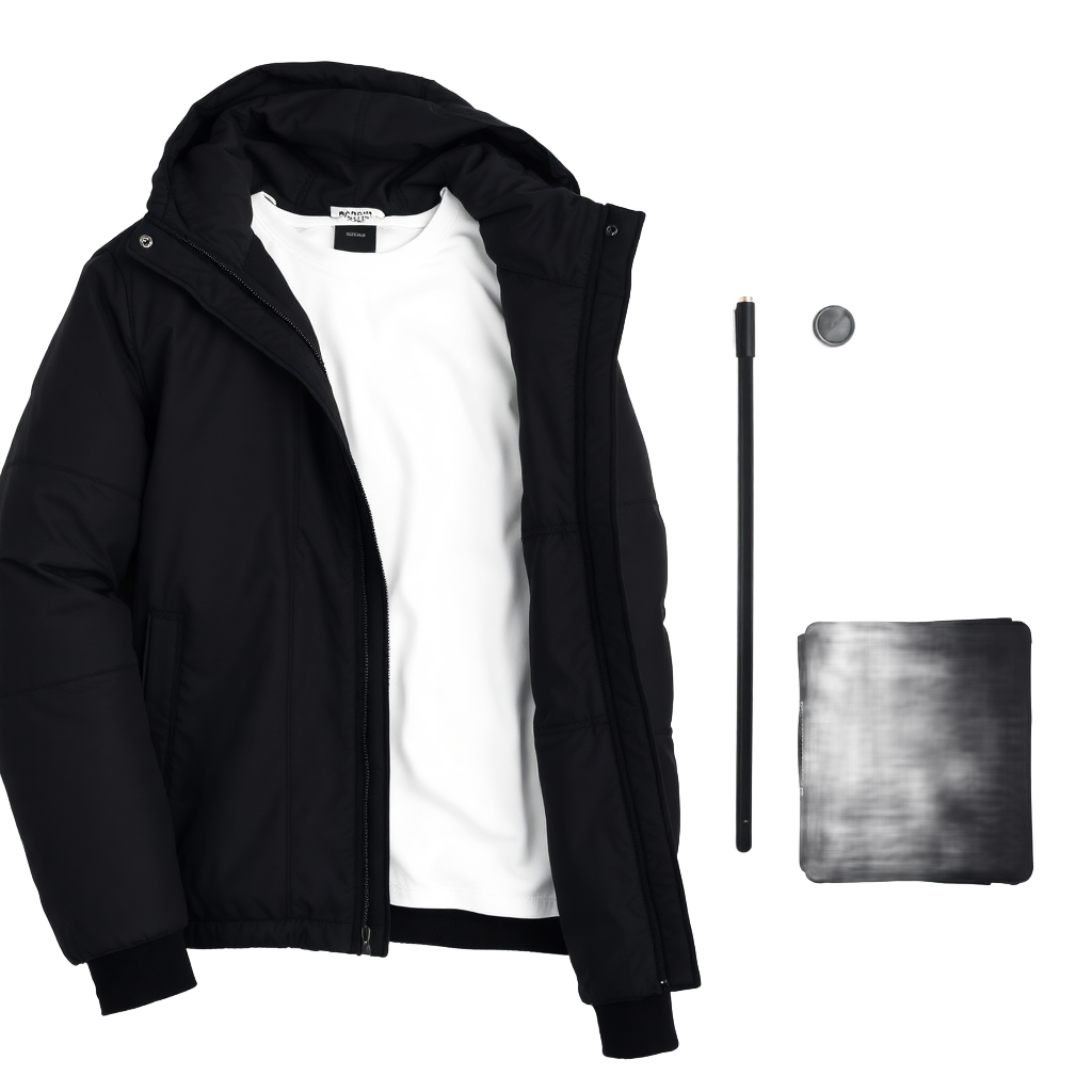 black winter jacket on white background, clothing product photo
