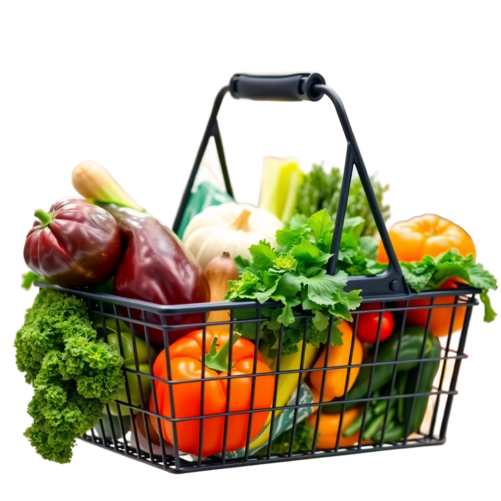 fresh groceries and vegetables in shopping basket, healthy food delivery, vibrant product photography