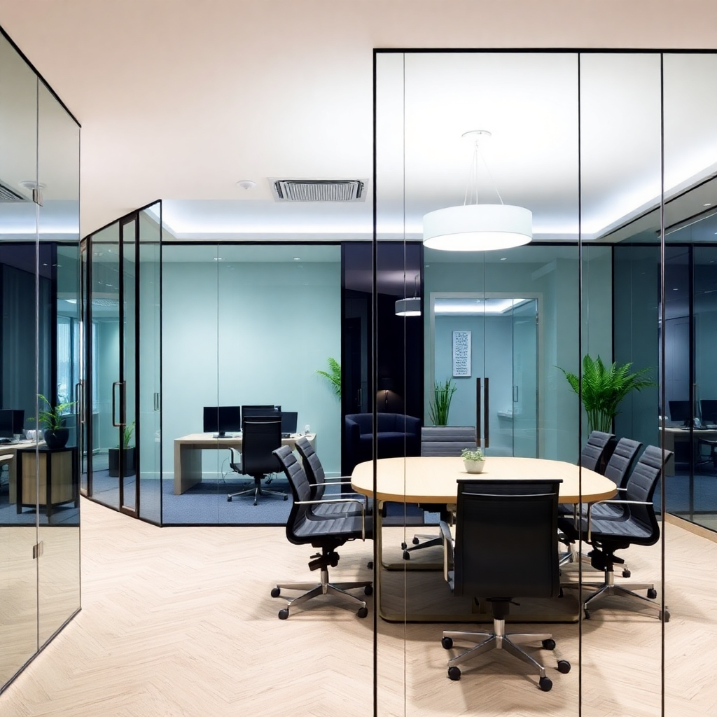 modern office interior finish-out with glass partitions and contemporary lighting