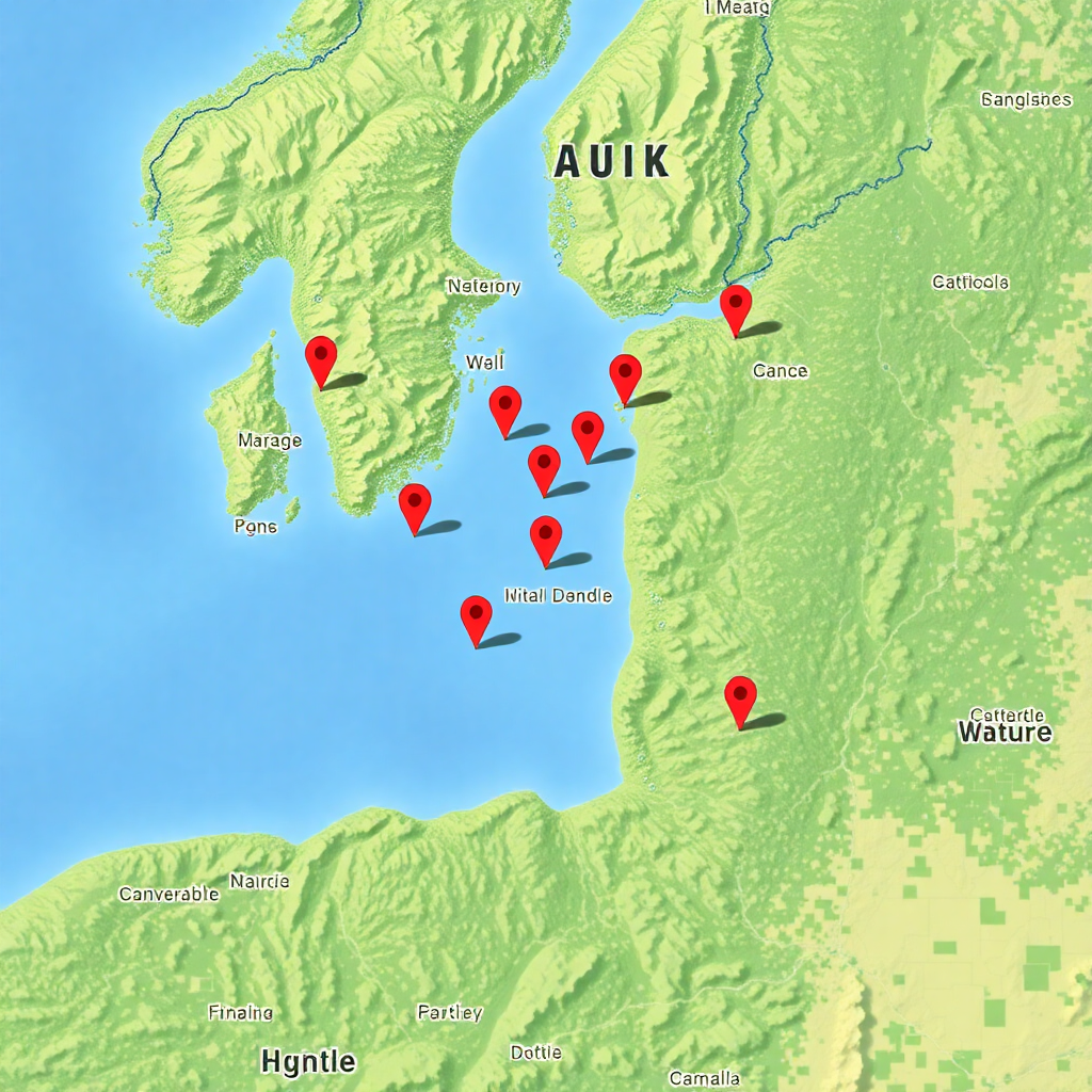 map view with pins and markers showing different locations, satellite style map view