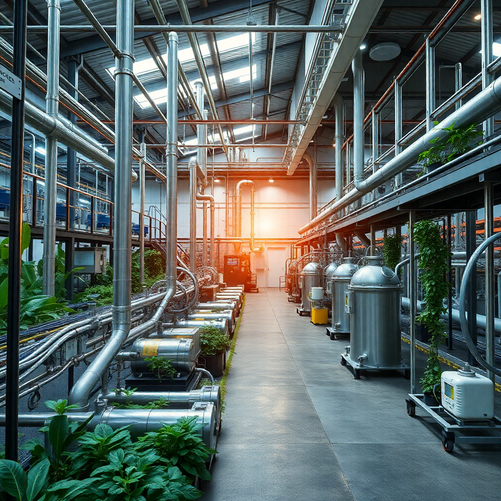 sustainable chemical production process, green manufacturing, clean technology, industrial facility with nature integration