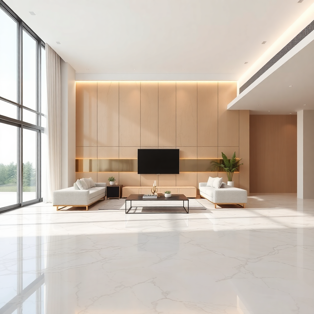 modern luxury living room interior with statuario marble look polished floor tiles, warm beige matt wall tiles, metallic inlay accent strip, natural daylight from large windows, front perspective view, photorealistic architectural visualization