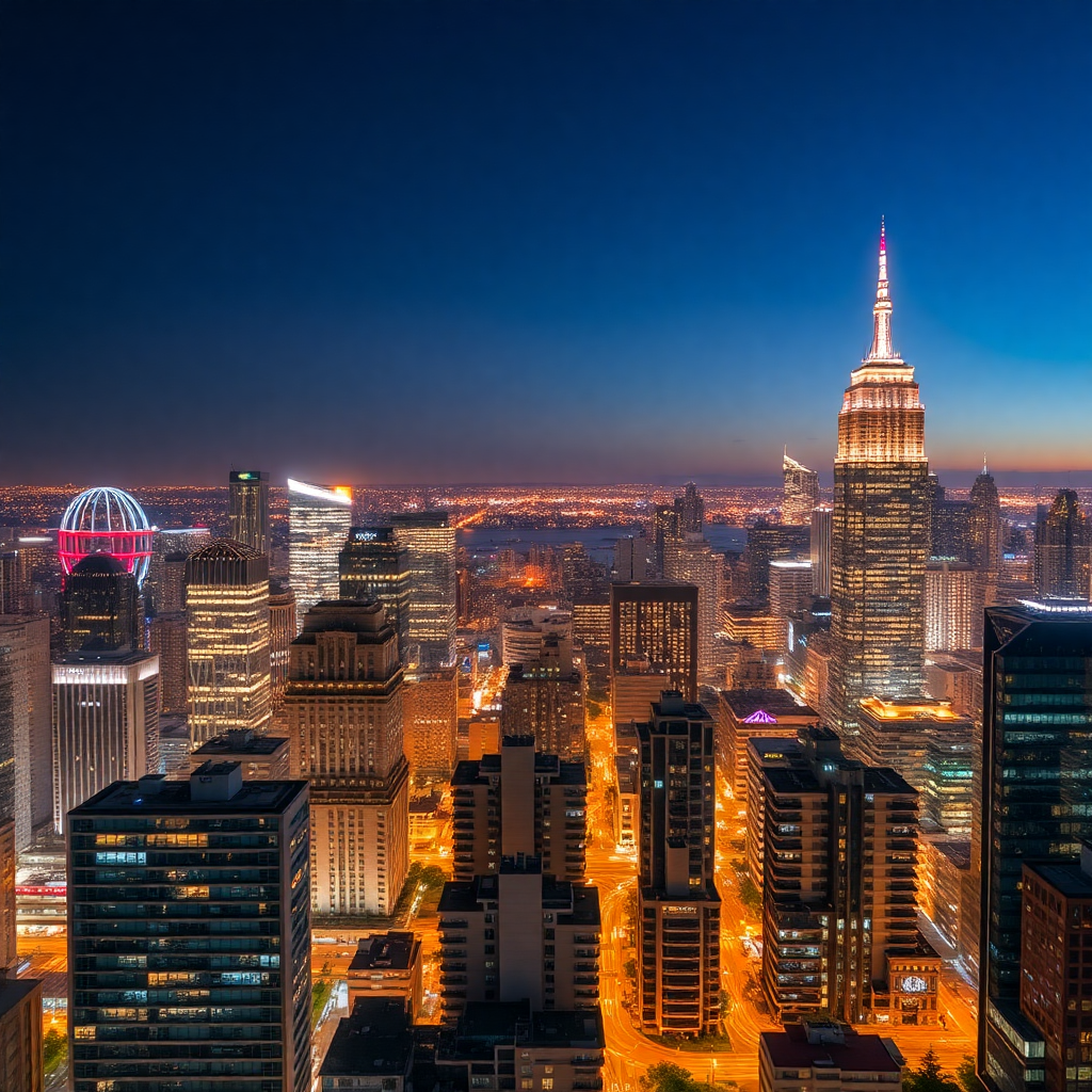 Modern city skyline at night with illuminated skyscrapers.