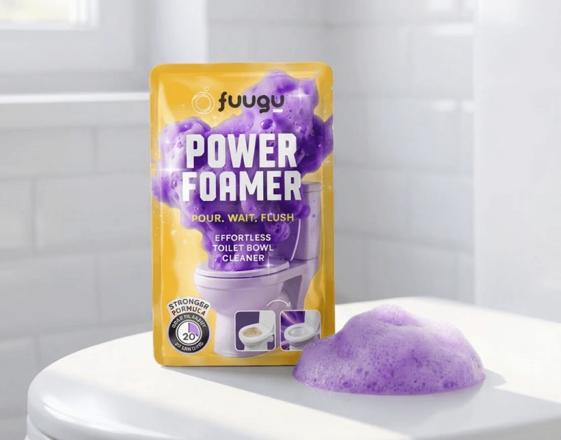 product photo of fuugu Power Foamer toilet cleaner pouch, golden yellow foil packet with bold purple