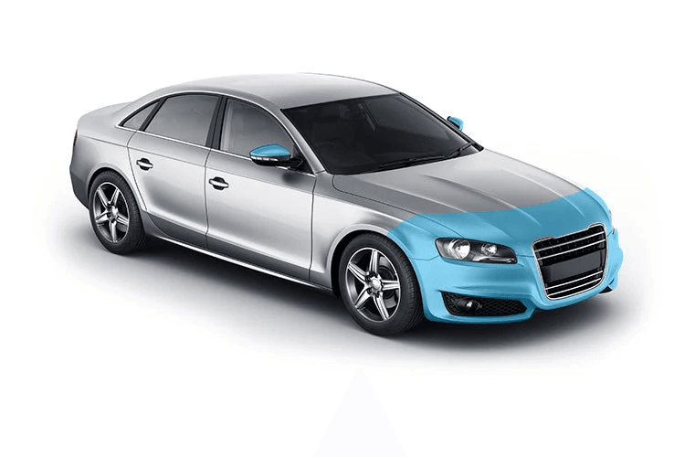 Partial front PPF coverage diagram showing protected bumper, partial hood, fenders and mirrors