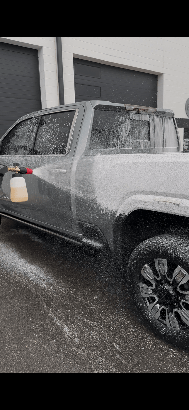 Foam cannon pre-wash on a gray pickup truck during a full detail at Texas Automotive Care Solutions in Boerne, TX