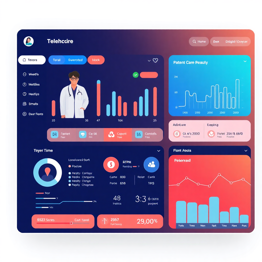 Healthcare medical technology interface, telemedicine platform, patient care dashboard, modern clinical design