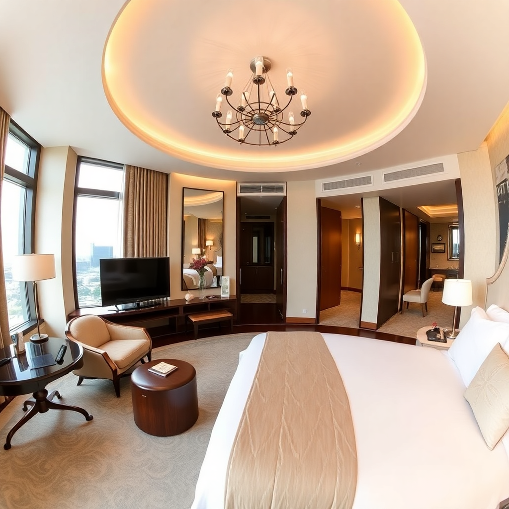360 view of luxury hotel suite interior