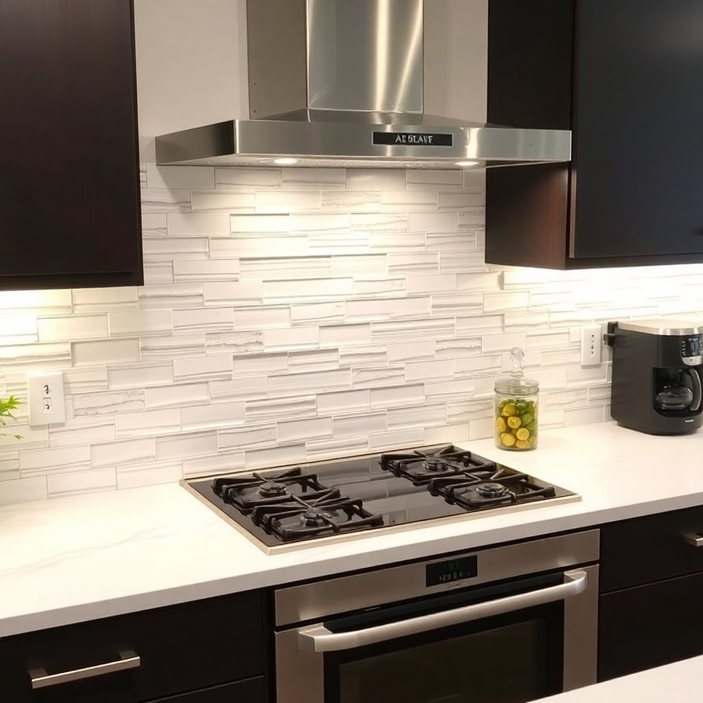 kitchen backsplash with 45 degree cut tiles, modern kitchen design, seamless tile corners