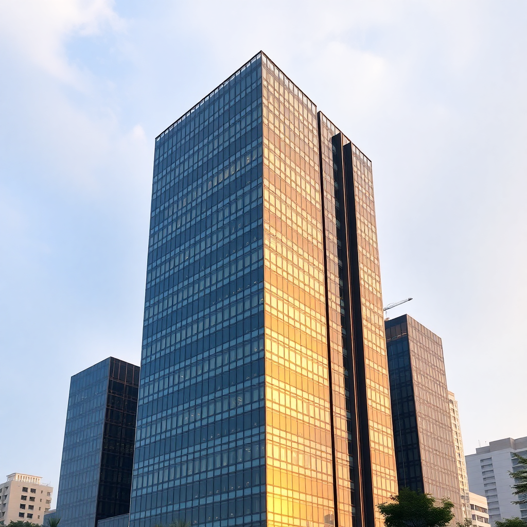 Modern Indian business office building, professional corporate headquarters, Mumbai financial district skyline