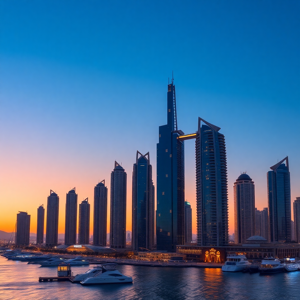 Luxury Dubai Marina skyline at sunset with high-end architecture and blue hour lighting