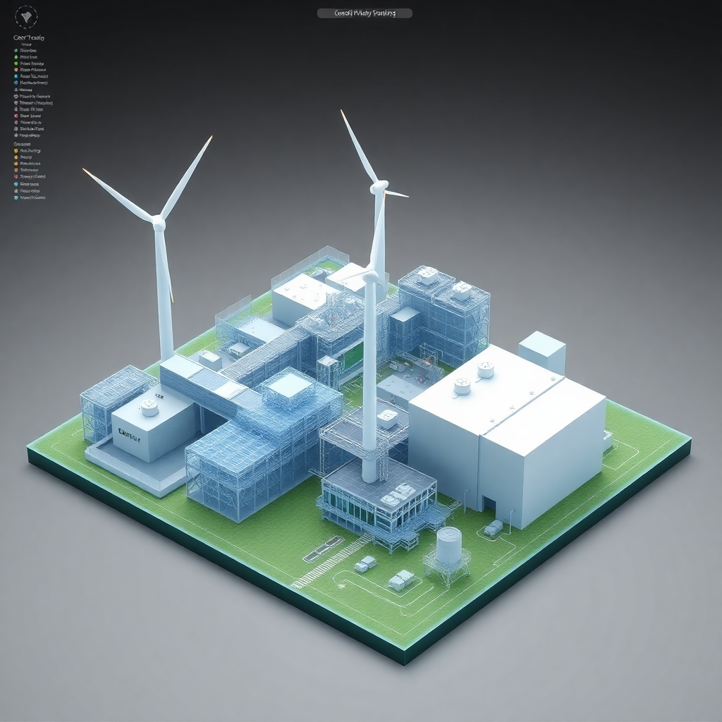 3D digital twin model of industrial complex with wind turbines, modern software interface, precise measurements and data visualization, professional CAD modeling