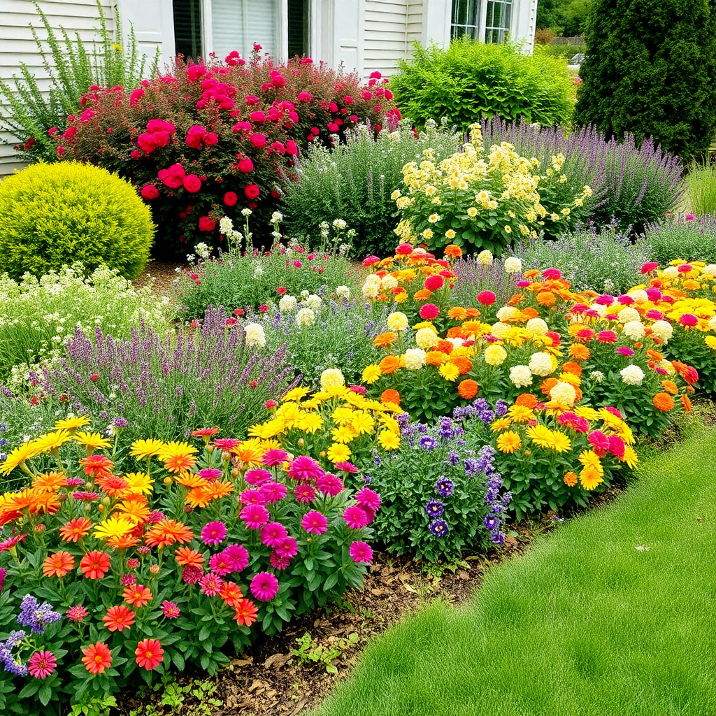 Beautifully planted garden borders with colorful flowers and shrubs
