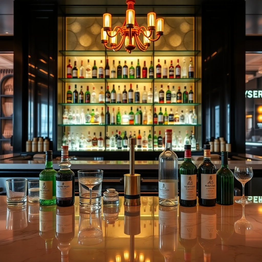 elegant restaurant bar with premium spirits, luxury bar setup