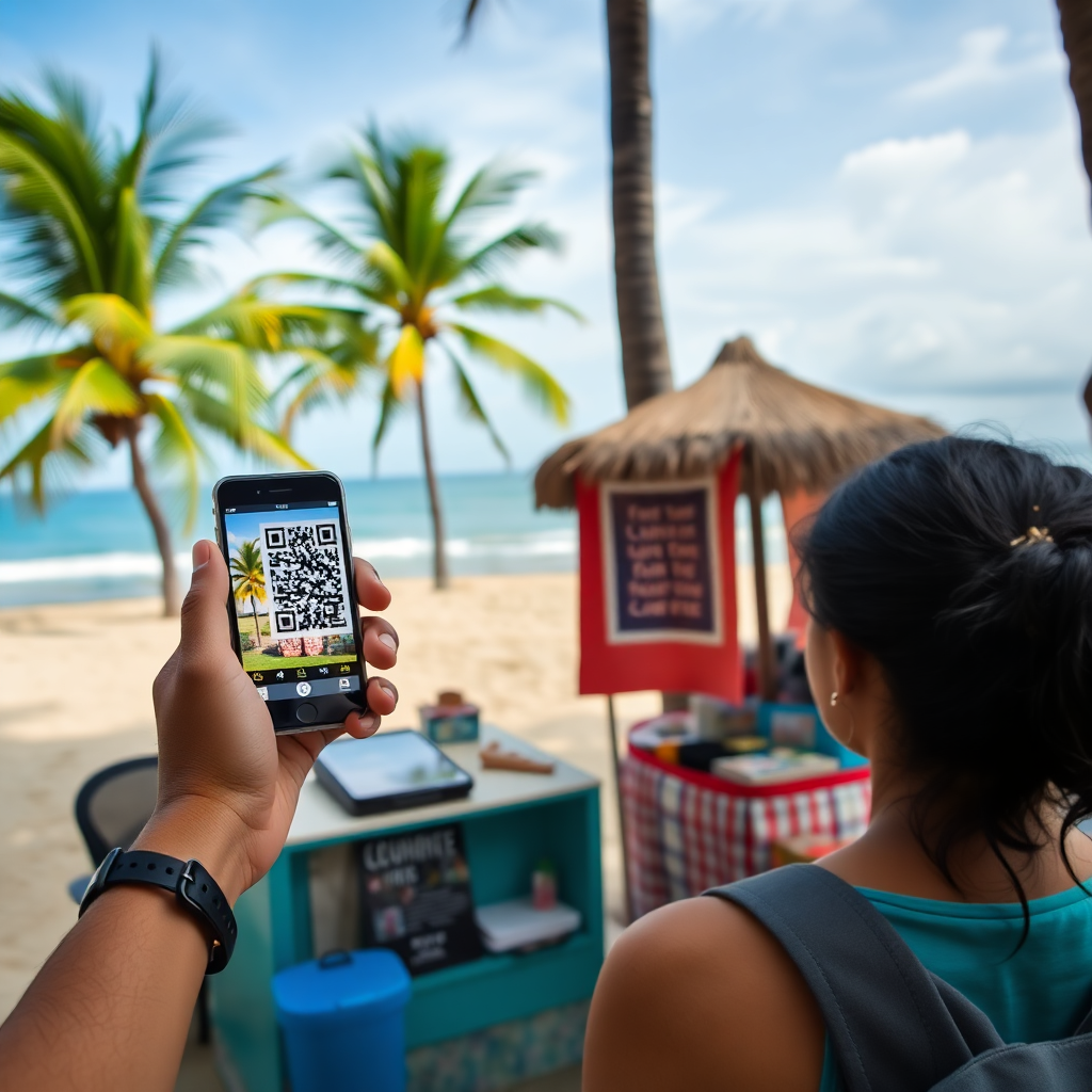 tourist using smartphone to scan QR code at a tropical beach vendor in São Tomé, palm trees and ocean in background