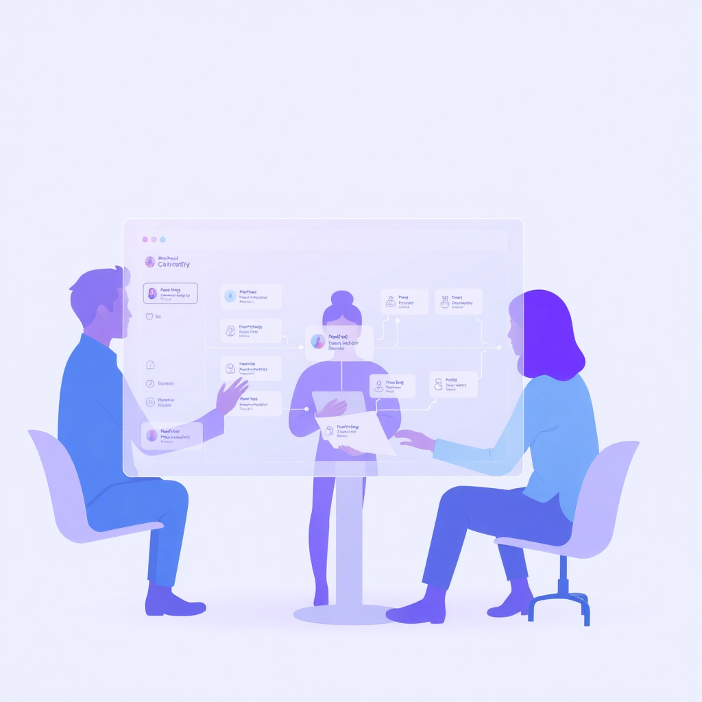 team collaboration with digital workflow overlay, productivity boost visualization, modern purple themed interface