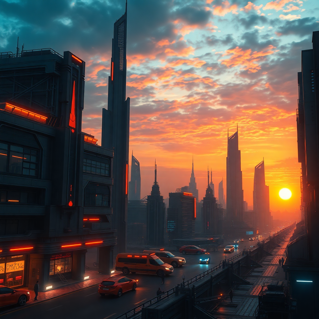 cinematic wide shot of a futuristic sci-fi city at sunset with dramatic lighting, high quality movie still