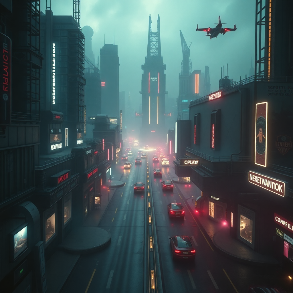 cinematic wide shot of a futuristic sci-fi city with neon lights and flying vehicles, dark moody atmosphere