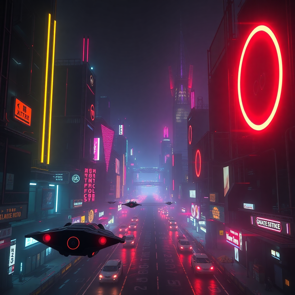 cinematic wide shot of a futuristic sci-fi city with neon lights and flying vehicles, dark atmosphere, high quality digital art
