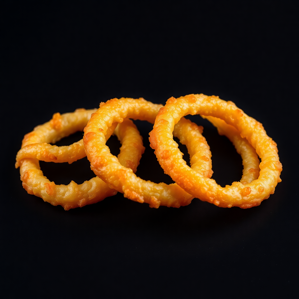 crispy golden onion rings on a dark background