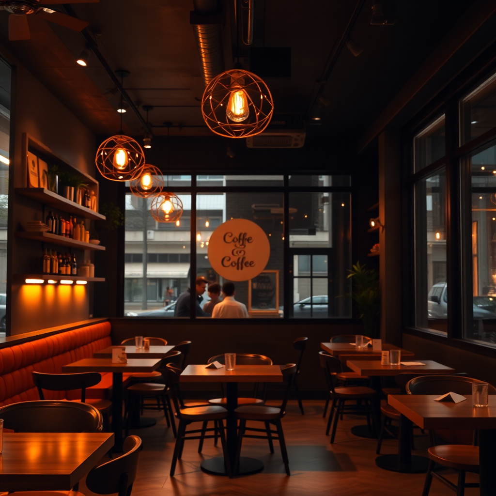 modern dark cozy coffee shop interior with warm orange lighting, professional photography