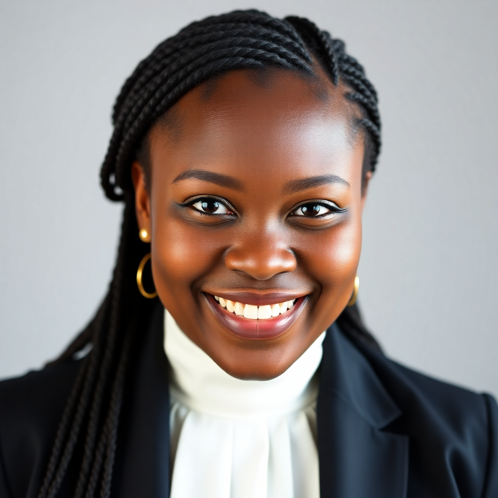 young Ghanaian female law student, headshot portrait, bright smile, professional appearance, African features