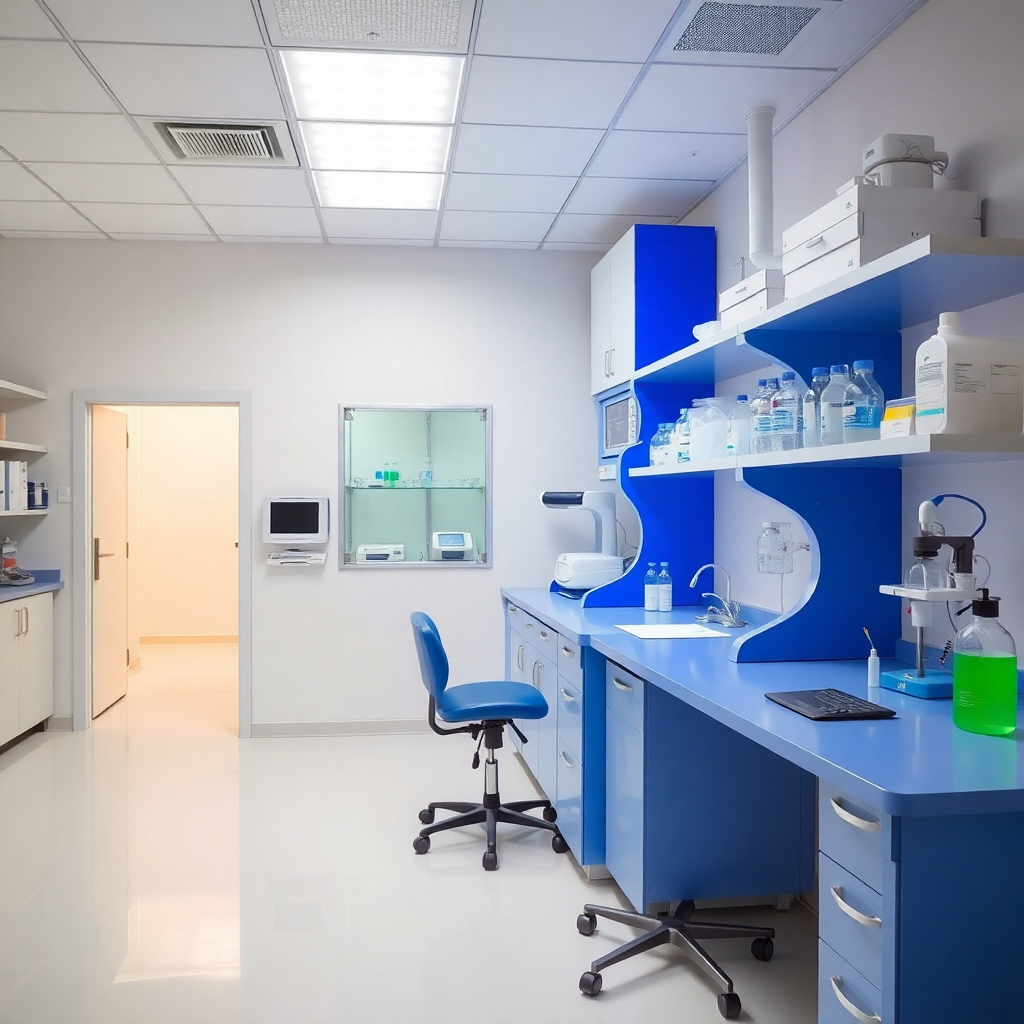 modern healthcare facility research lab, blue laboratory equipment, clean professional medical setting