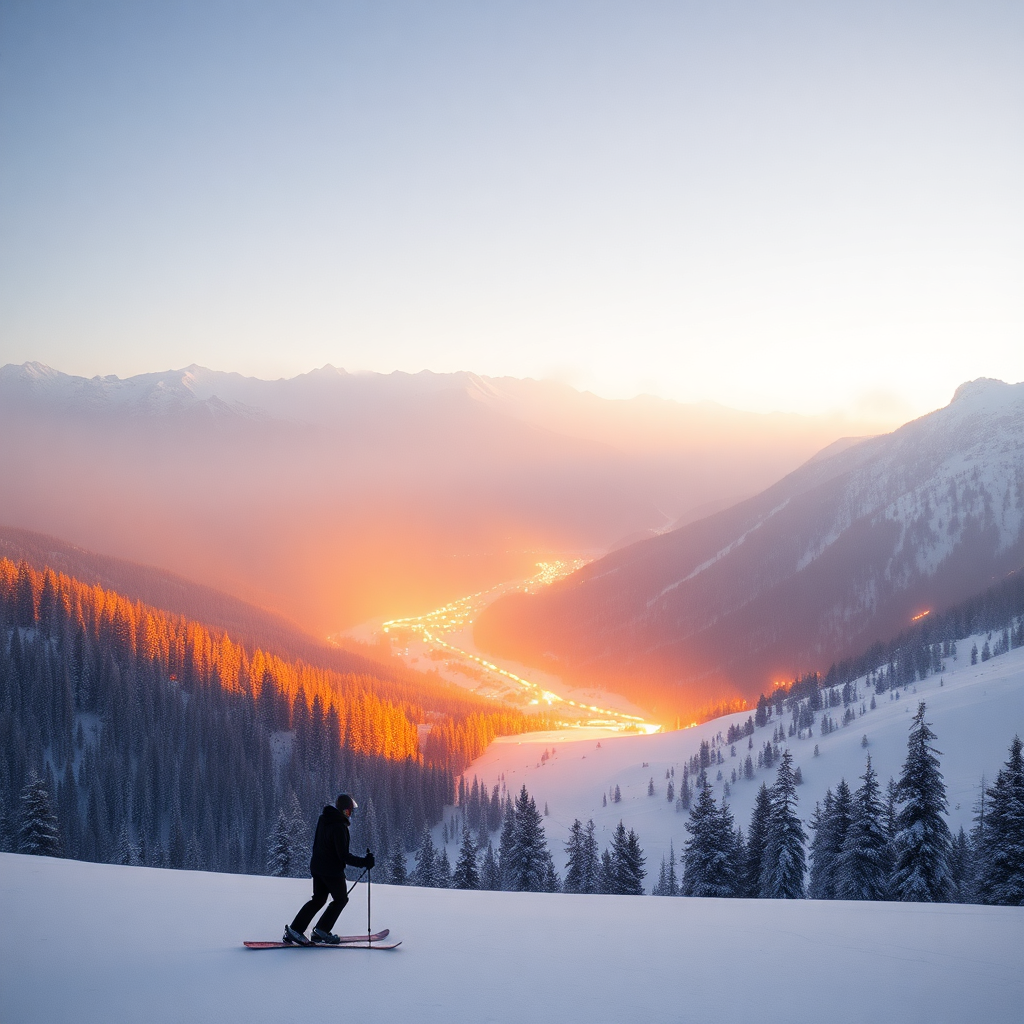Grandvalira ski slopes Andorra winter snow skier descent luxury editorial photography dark cinematic champagne gold tones mountain Pyrenees private ski