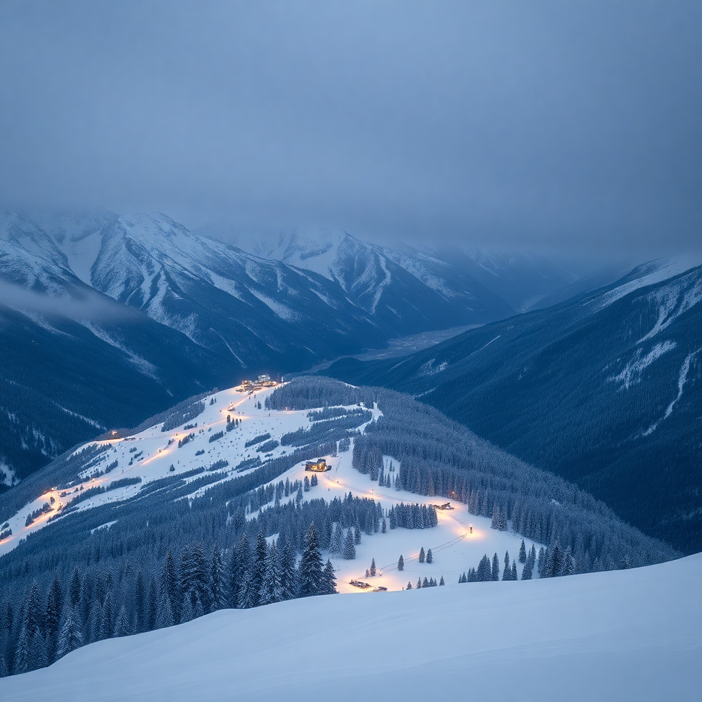 Grandvalira ski slopes Andorra aerial mountain panorama winter snow luxury editorial photography dark cinematic champagne gold tones Pyrenees
