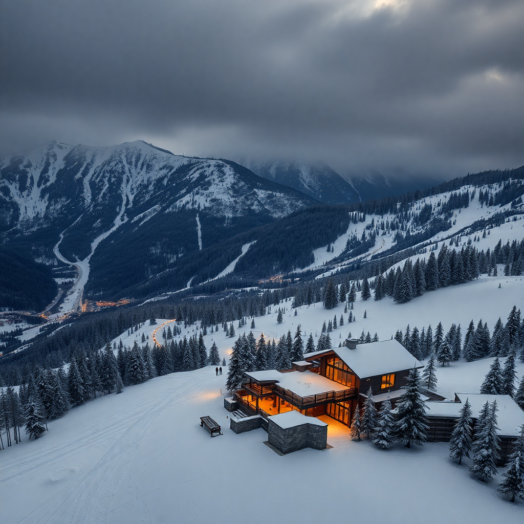 Grandvalira ski slopes Andorra aerial view Soldeu ski-in ski-out luxury residence mountain winter snow cinematic editorial photography dark champagne gold tones private ski day Pyrenees