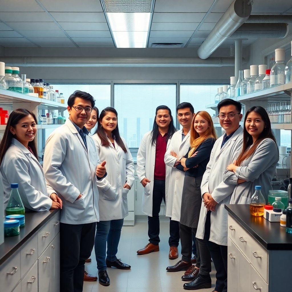 diverse team of chemists in laboratory, collaboration, innovation, modern research environment, professional team photo