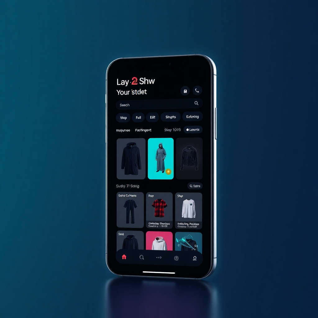 sleek modern smartphone mockup showing fashion e-commerce app interface with dark theme and neon accents