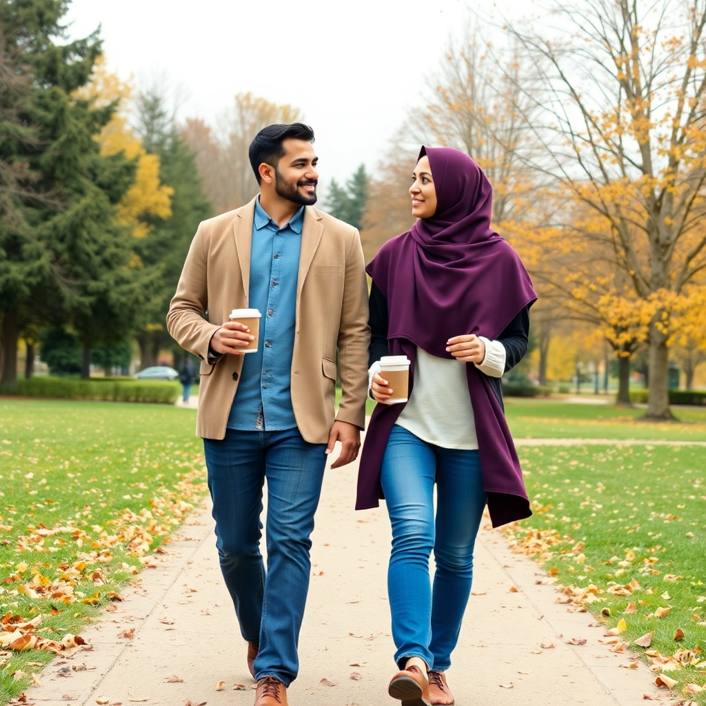 diverse muslim couple walking in a park, holding coffee cups, autumn season
