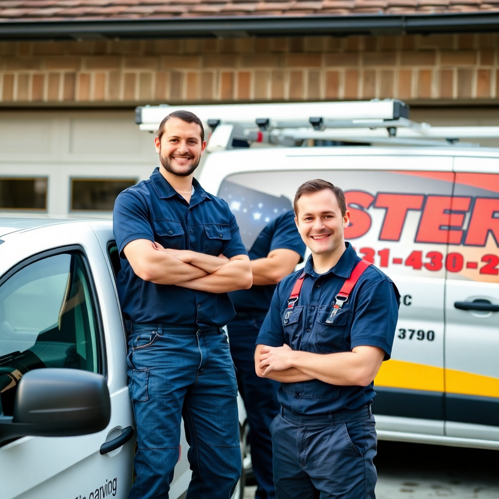 professional garage door technician team with service van, smiling, high quality photography