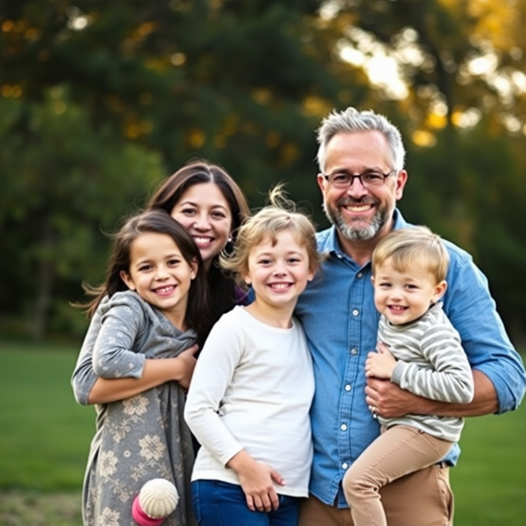 happy family portrait with parents and children smiling, outdoor lifestyle photography, warm natural lighting