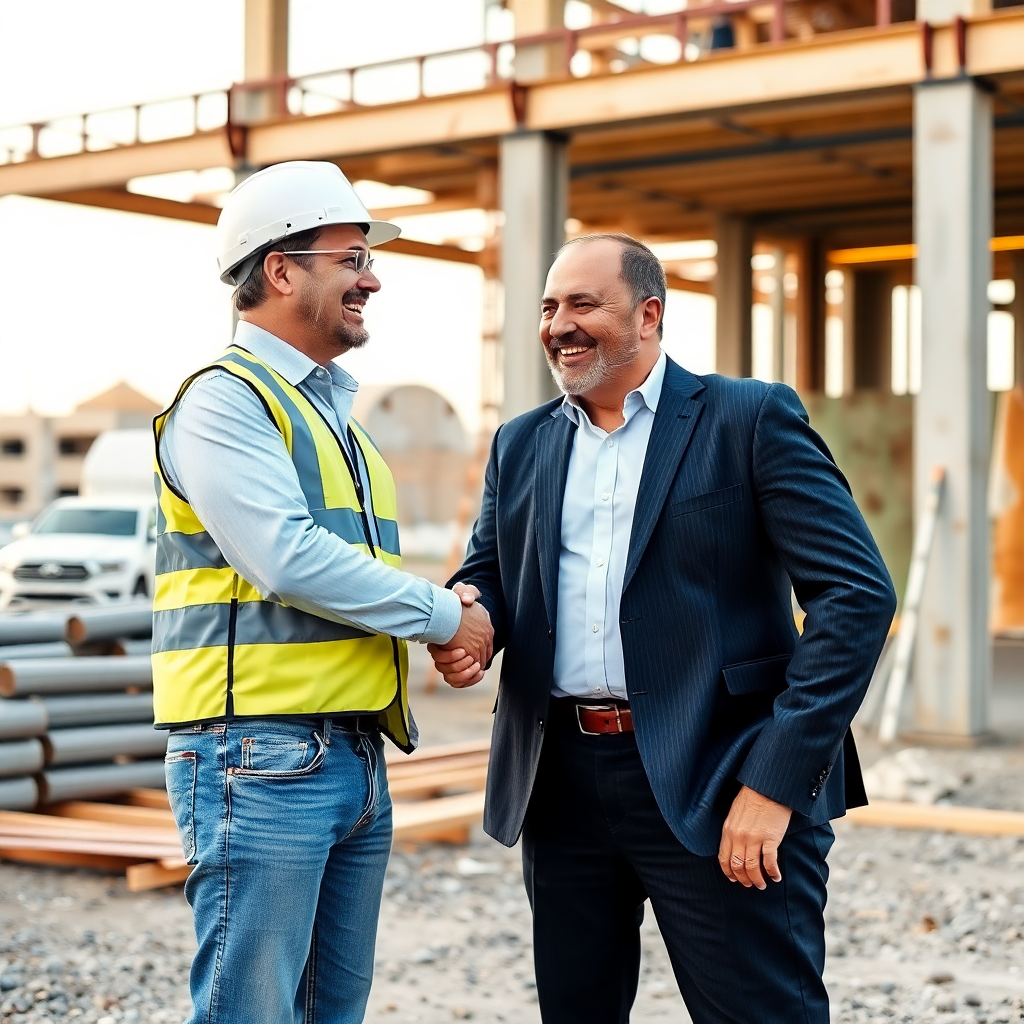 professional engineer and client shaking hands at construction site successful partnership collaboration