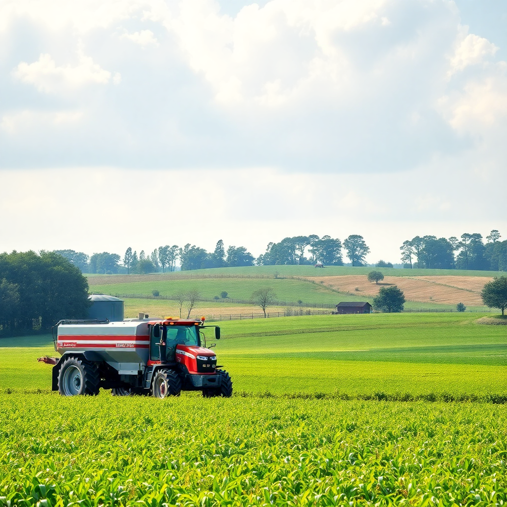 agricultural field with modern farming equipment, agribusiness, rural landscape