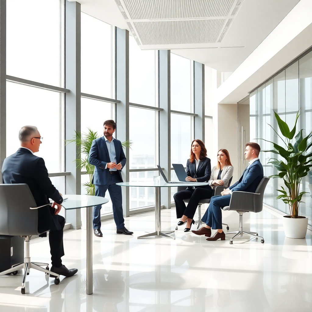 modern office building with professional consultants, corporate meeting, business environment, bright and clean