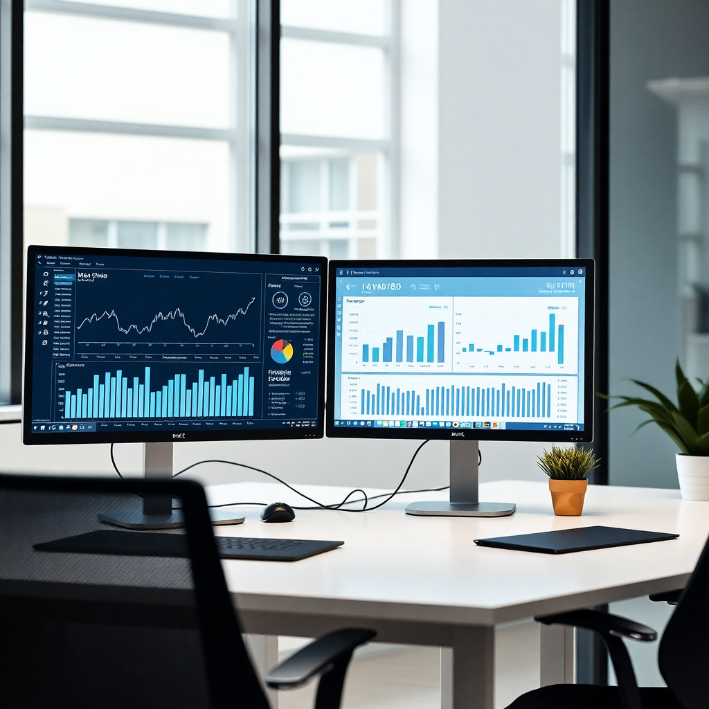 modern office workspace with financial charts and graphs on computer screens, professional business analytics dashboard, clean minimal design